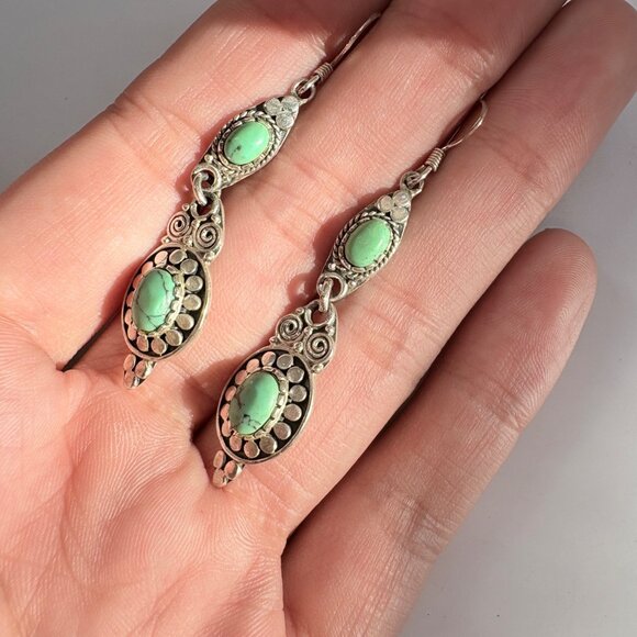 VTG Sterling Silver 925 Turquoise Spiral Design Dangle Earrings Size 2" Length - Picture 4 of 10